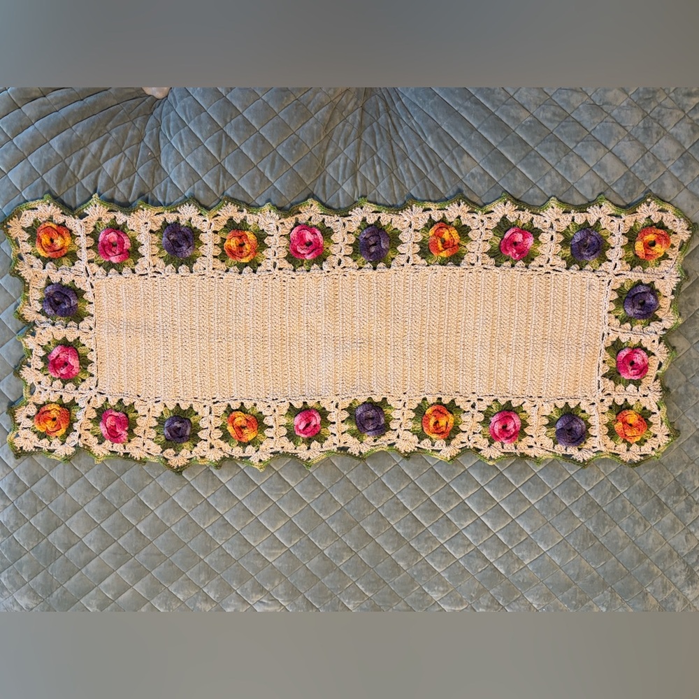 Handmade Crochet Floral Runner in Cream with Pink, Purple, vintage